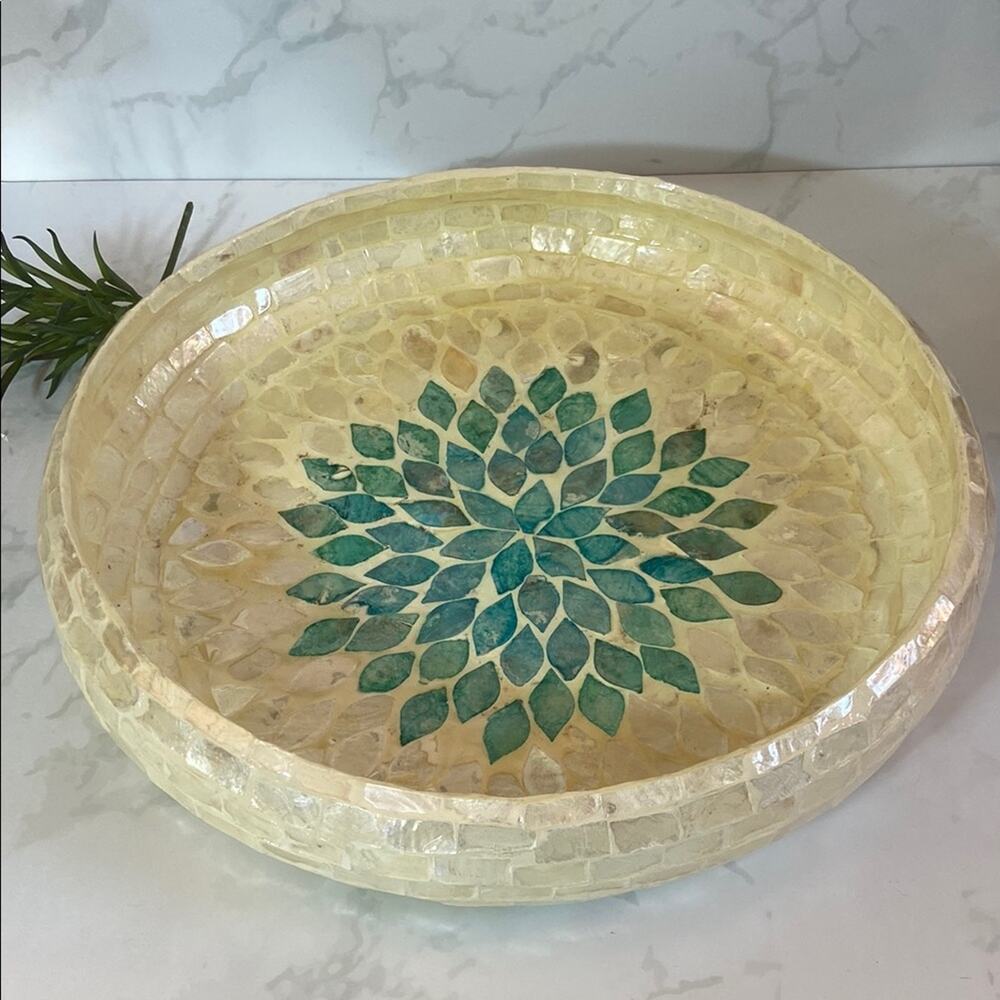 Mother of Pearl Inlay Centerpiece Bowl Off White & Teal Green HandMade Vietnam